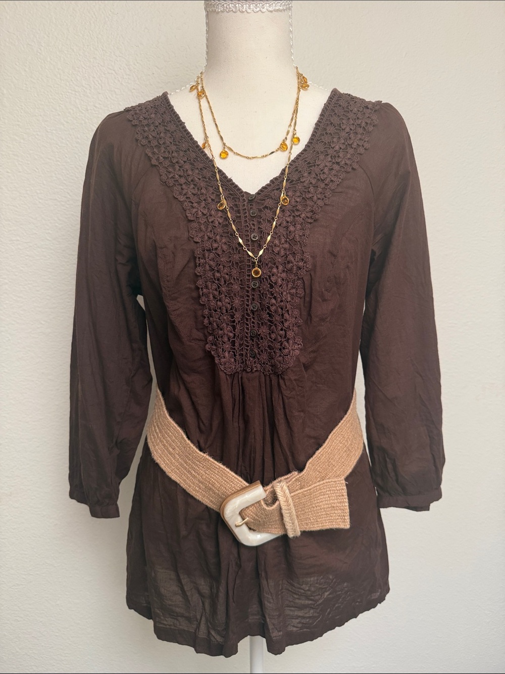 St. John's Bay Brown Crochet-Trim V-Neck Tunic
